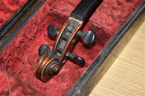 A late 19th century German violin, bears Stradivarius label, cased with bow, back 36cm